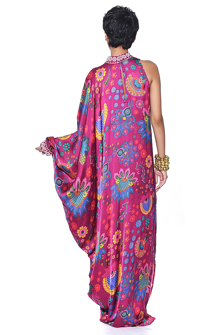 Crimson Cranberry Red Satin Paisley Printed Oversized One-Shoulder Vacation Dress by SIDDHARTHA BANSAL at Pernia's Pop Up Shop