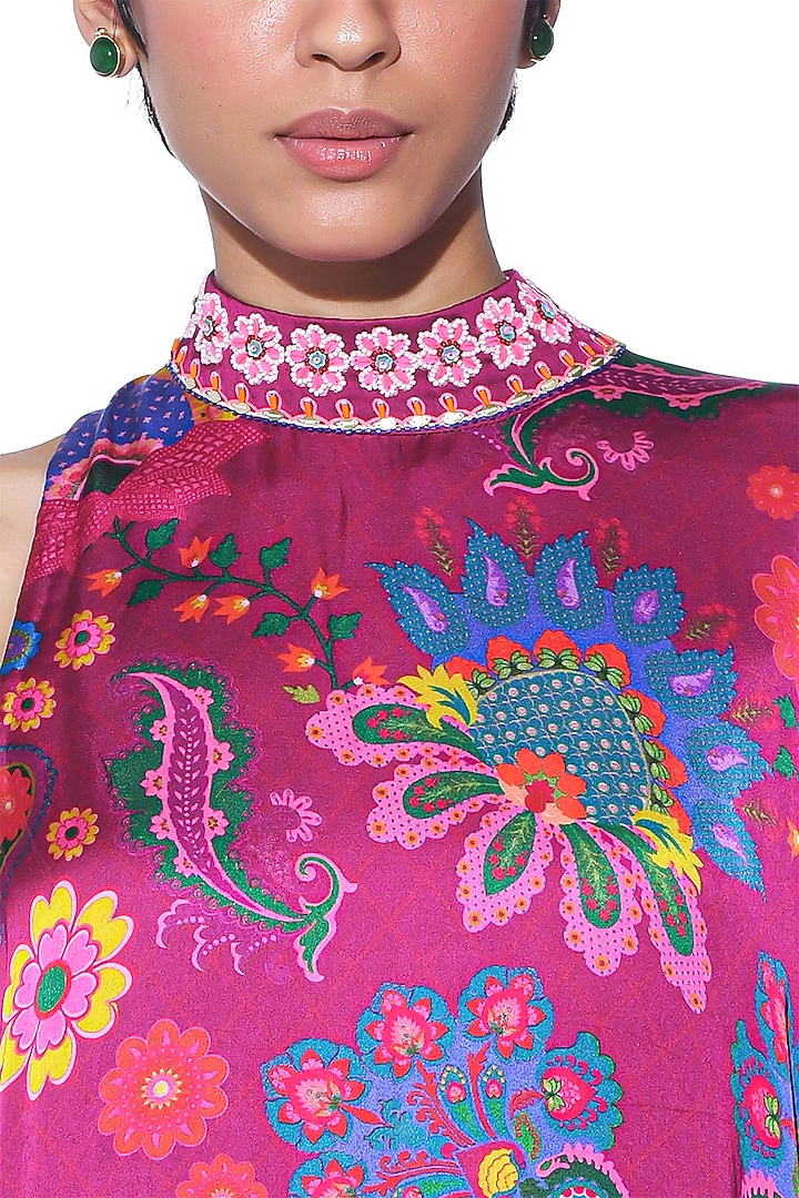 Crimson Cranberry Red Satin Paisley Printed Oversized One-Shoulder Vacation Dress by SIDDHARTHA BANSAL at Pernia's Pop Up Shop