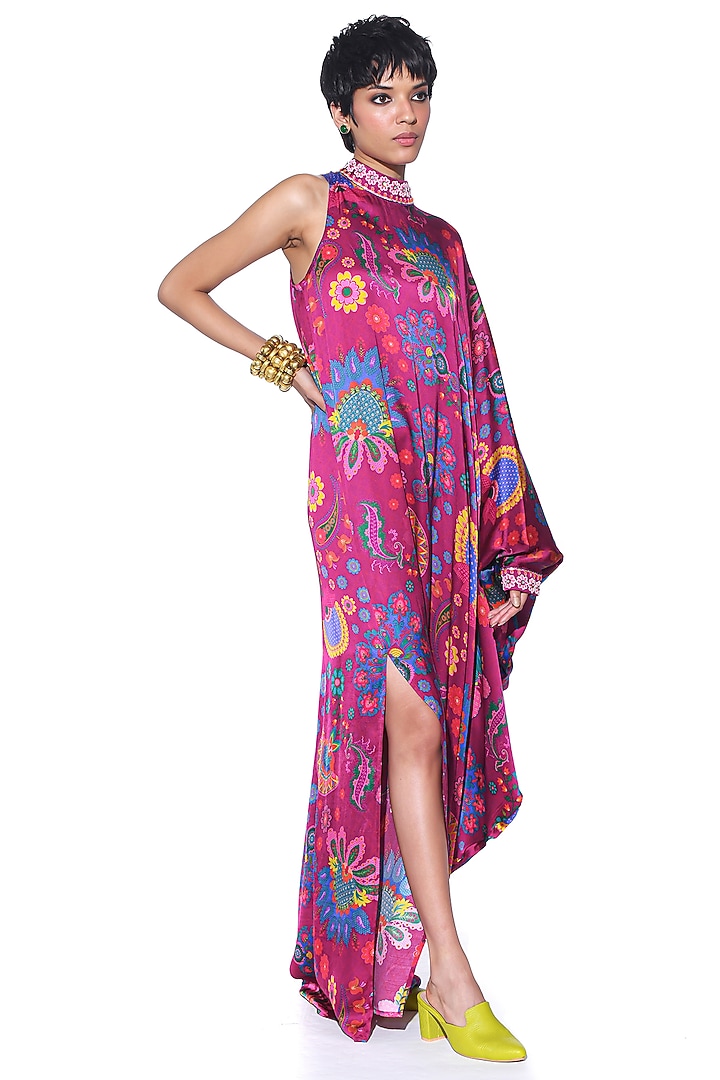 Crimson Cranberry Red Satin Paisley Printed Oversized One-Shoulder Vacation Dress by SIDDHARTHA BANSAL at Pernia's Pop Up Shop