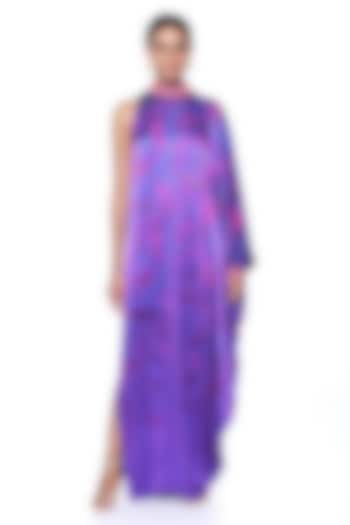 Royal Purple Satin Paisley Printed Oversized One-Shoulder Dress by SIDDHARTHA BANSAL