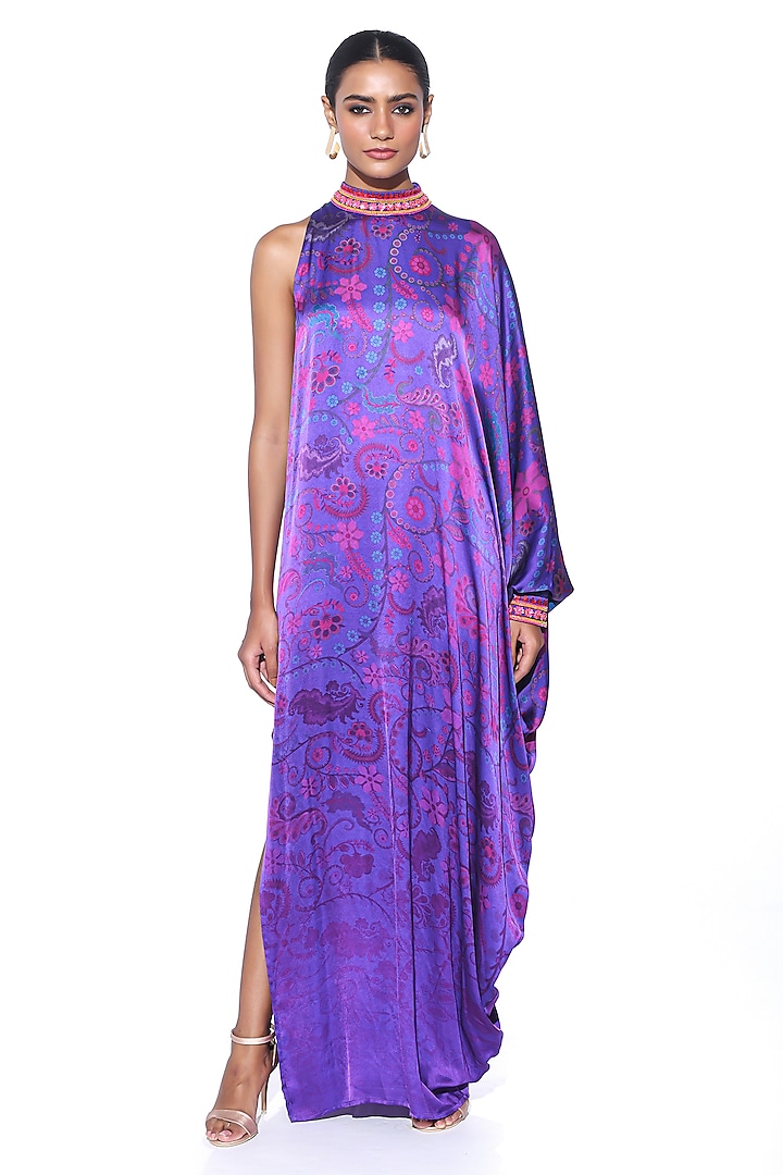 Royal Purple Satin Paisley Printed Oversized One-Shoulder Dress by SIDDHARTHA BANSAL