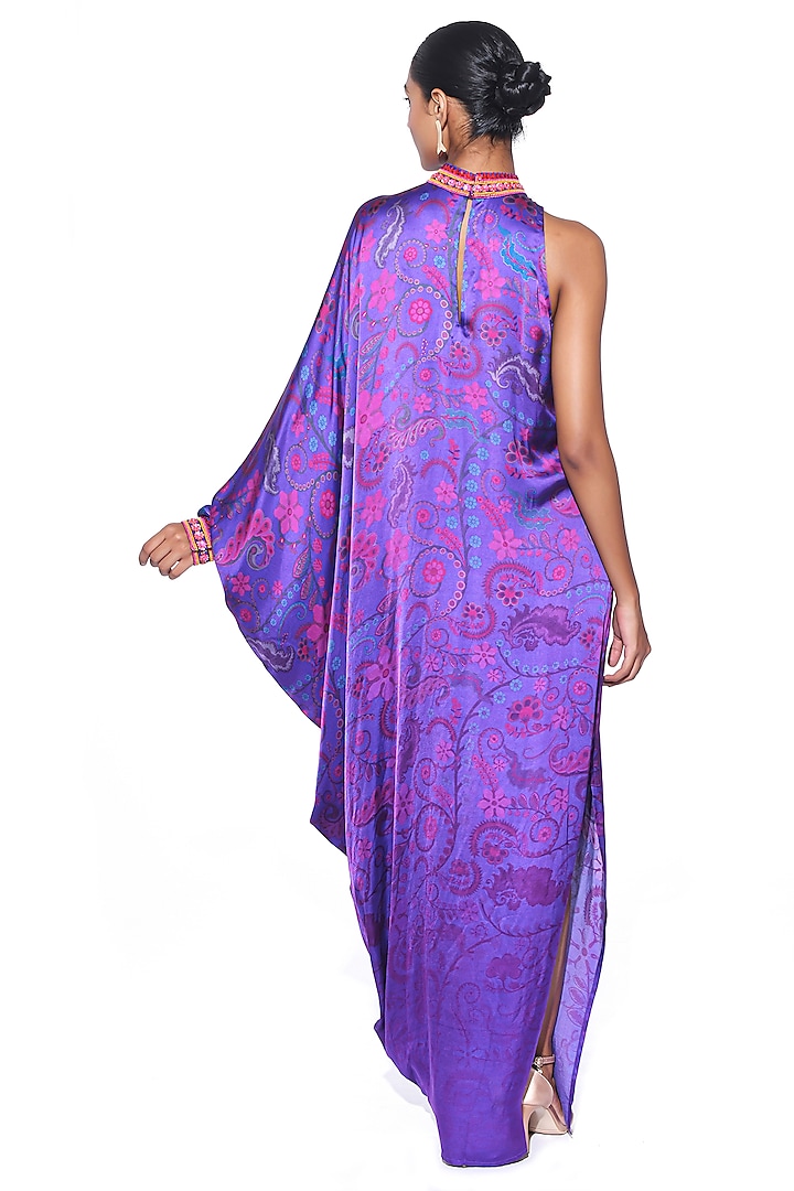 Royal Purple Satin Paisley Printed Oversized One-Shoulder Vacation Dress by SIDDHARTHA BANSAL at Pernia's Pop Up Shop