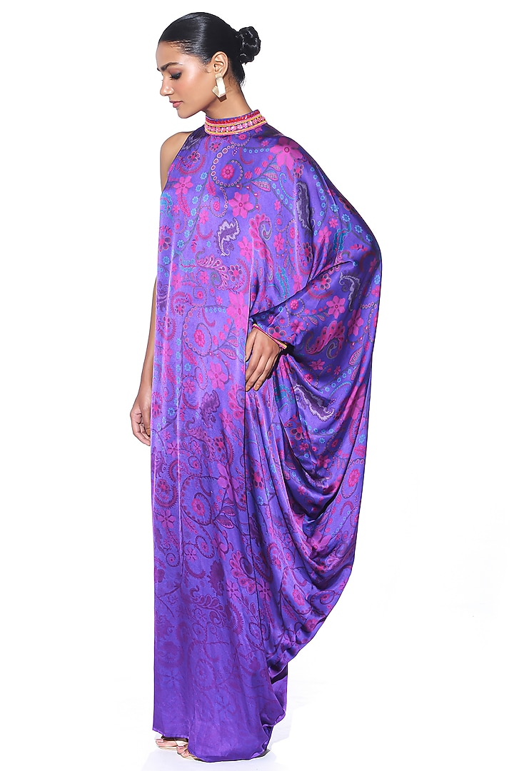 Royal Purple Satin Paisley Printed Oversized One-Shoulder Vacation Dress by SIDDHARTHA BANSAL at Pernia's Pop Up Shop