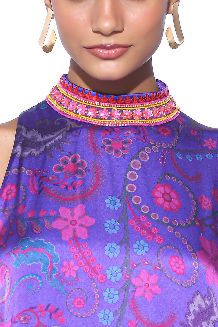 Royal Purple Satin Paisley Printed Oversized One-Shoulder Vacation Dress by SIDDHARTHA BANSAL at Pernia's Pop Up Shop