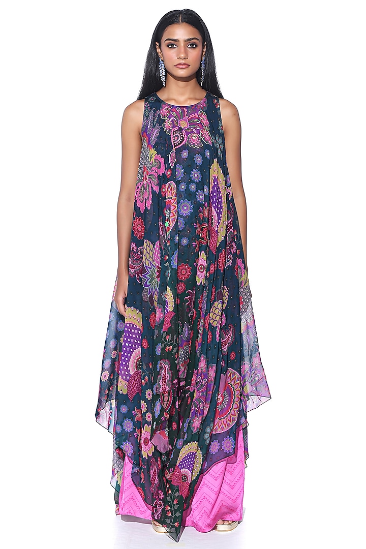 Deep Midnight Blue Silk Organza Printed & Hand Embroidered High-Low Tunic Set by SIDDHARTHA BANSAL at Pernia's Pop Up Shop