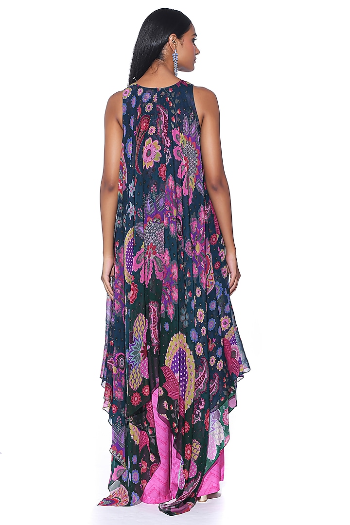 Deep Midnight Blue Silk Organza Printed & Hand Embroidered High-Low Tunic Set by SIDDHARTHA BANSAL at Pernia's Pop Up Shop