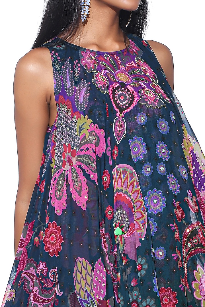 Deep Midnight Blue Silk Organza Printed & Hand Embroidered High-Low Tunic Set by SIDDHARTHA BANSAL at Pernia's Pop Up Shop