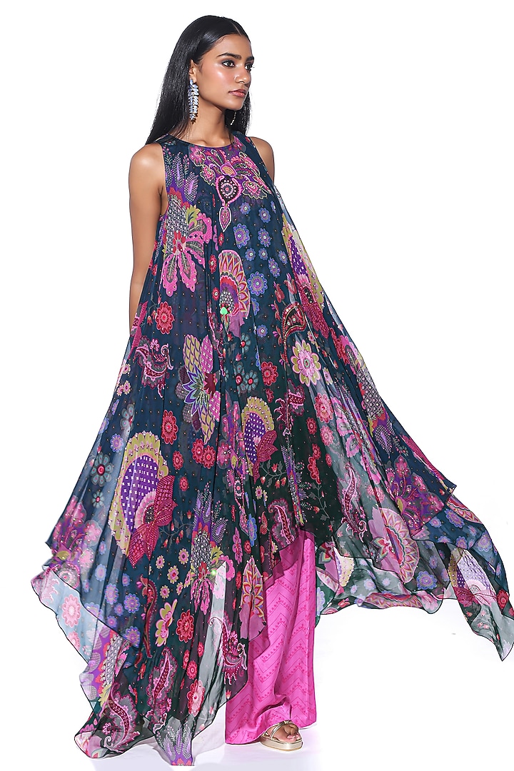 Deep Midnight Blue Silk Organza Printed & Hand Embroidered High-Low Tunic Set by SIDDHARTHA BANSAL at Pernia's Pop Up Shop