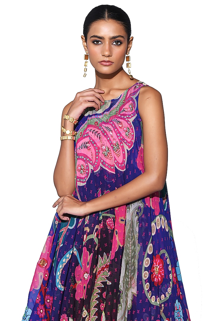 Violet Silk Organza Printed & Hand Embroidered High-Low Tunic Set by SIDDHARTHA BANSAL at Pernia's Pop Up Shop