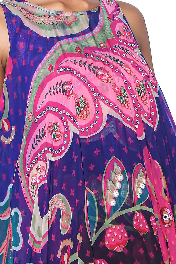 Violet Silk Organza Printed & Hand Embroidered High-Low Tunic Set by SIDDHARTHA BANSAL at Pernia's Pop Up Shop