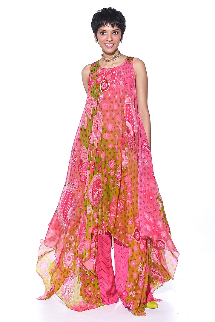 Sunset Orange Silk Organza Printed & Hand Embroidered High-Low Tunic Set by SIDDHARTHA BANSAL at Pernia's Pop Up Shop