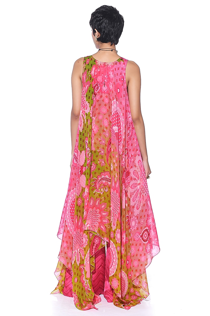 Sunset Orange Silk Organza Printed & Hand Embroidered High-Low Tunic Set by SIDDHARTHA BANSAL at Pernia's Pop Up Shop