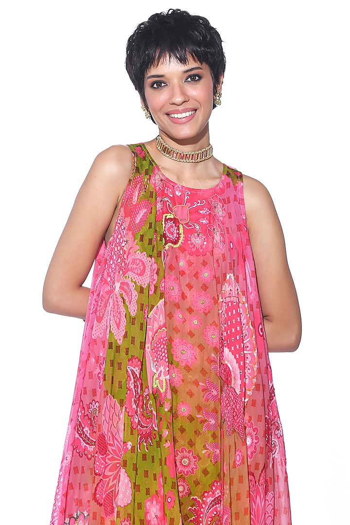 Sunset Orange Silk Organza Printed & Hand Embroidered High-Low Tunic Set by SIDDHARTHA BANSAL at Pernia's Pop Up Shop