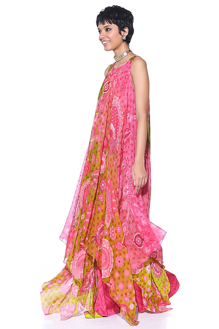 Sunset Orange Silk Organza Printed & Hand Embroidered High-Low Tunic Set by SIDDHARTHA BANSAL at Pernia's Pop Up Shop