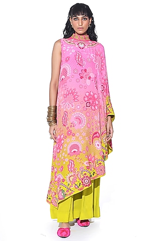 Peach Ombre Crepe Hand Embroidered & Printed One-Shoulder Cape Dress With Jumpsuit by SIDDHARTHA BANSAL