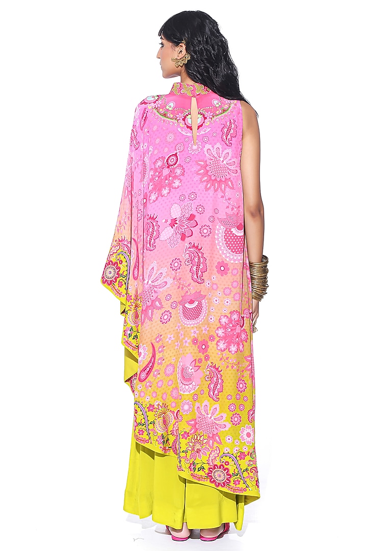 Peach Ombre Crepe Hand Embroidered & Printed One-Shoulder Cape Party Wear Dress With Jumpsuit by SIDDHARTHA BANSAL at Pernia's Pop Up Shop