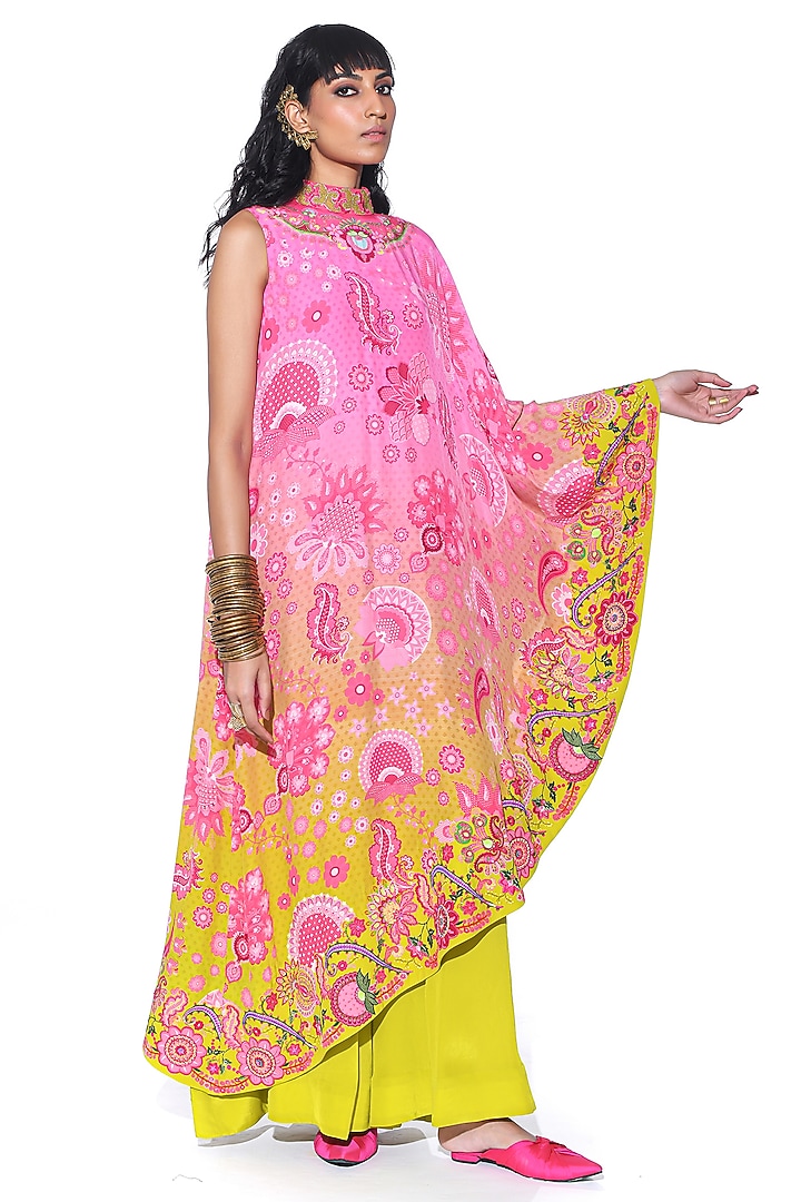 Peach Ombre Crepe Hand Embroidered & Printed One-Shoulder Cape Party Wear Dress With Jumpsuit by SIDDHARTHA BANSAL at Pernia's Pop Up Shop