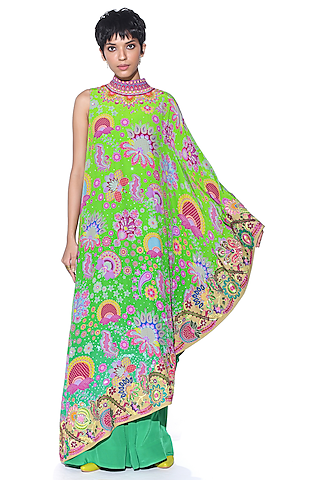 Neon Green Ombre Crepe Printed & Hand Embroidered One-Shoulder Cape Dress With Jumpsuit by SIDDHARTHA BANSAL