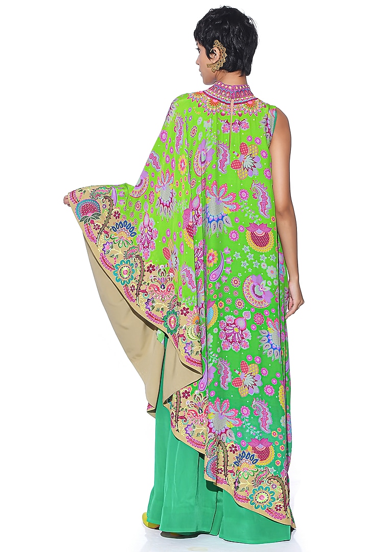 Neon Green Ombre Crepe Printed & Hand Embroidered One-Shoulder Cape Party Wear Dress With Jumpsuit by SIDDHARTHA BANSAL at Pernia's Pop Up Shop