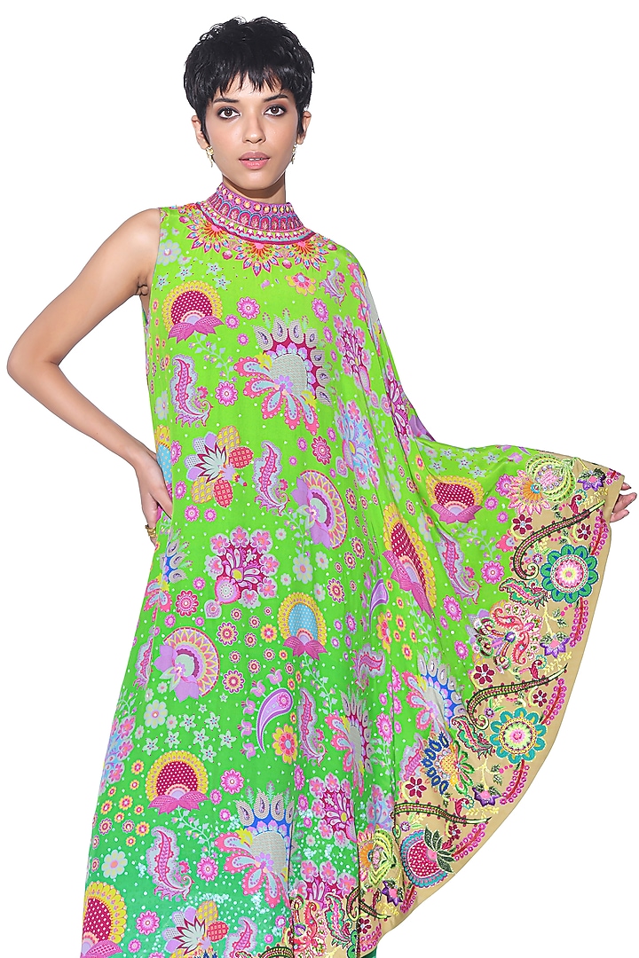 Neon Green Ombre Crepe Printed & Hand Embroidered One-Shoulder Cape Party Wear Dress With Jumpsuit by SIDDHARTHA BANSAL at Pernia's Pop Up Shop