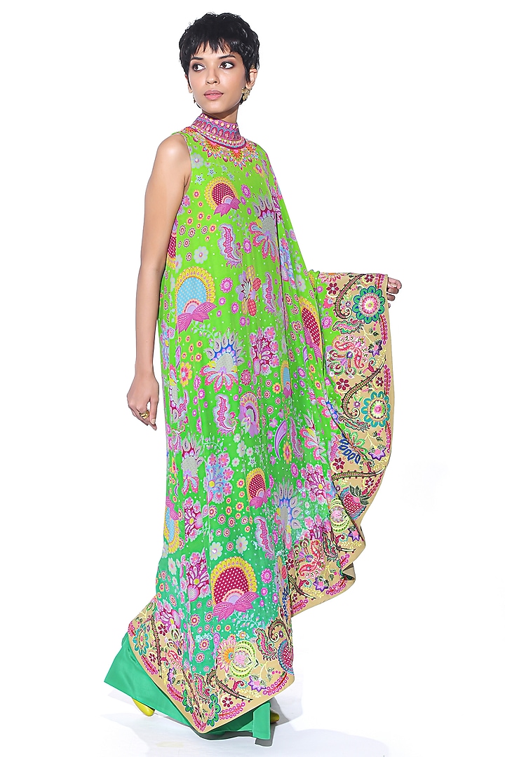 Neon Green Ombre Crepe Printed & Hand Embroidered One-Shoulder Cape Party Wear Dress With Jumpsuit by SIDDHARTHA BANSAL at Pernia's Pop Up Shop