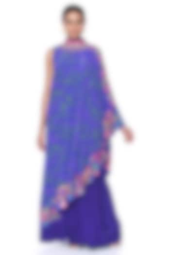 Royal Purple Crepe Paisley Printed One-Shoulder Cape Dress With Jumpsuit by SIDDHARTHA BANSAL