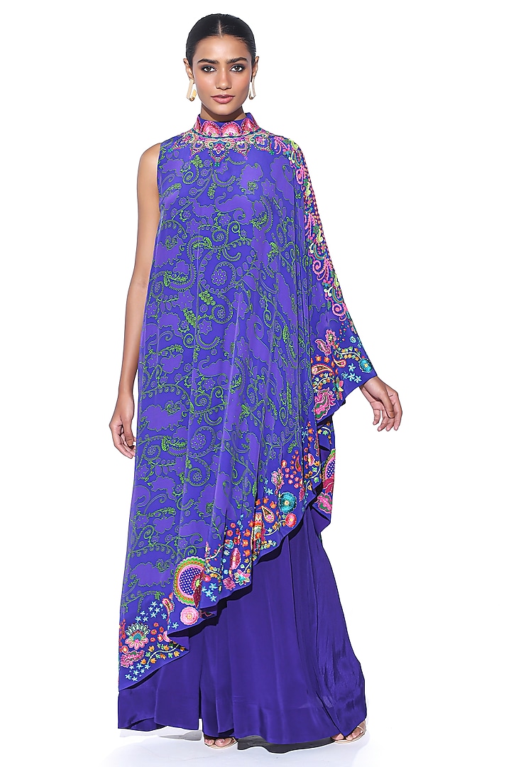 Royal Purple Crepe Paisley Printed One-Shoulder Cape Dress With Jumpsuit by SIDDHARTHA BANSAL
