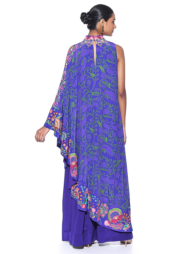 Royal Purple Crepe Paisley Printed One-Shoulder Cape Dress With Jumpsuit by SIDDHARTHA BANSAL at Pernia's Pop Up Shop
