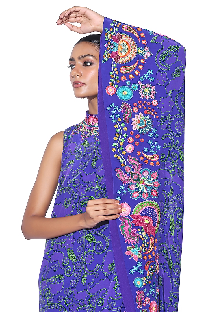 Royal Purple Crepe Paisley Printed One-Shoulder Cape Dress With Jumpsuit by SIDDHARTHA BANSAL at Pernia's Pop Up Shop