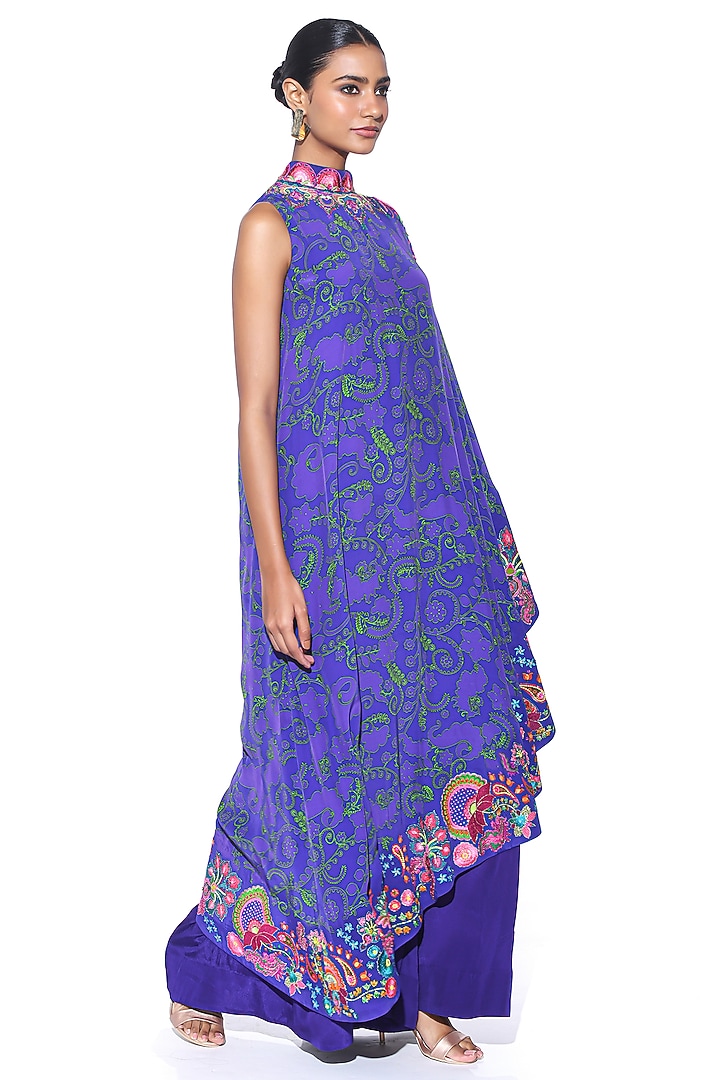 Royal Purple Crepe Paisley Printed One-Shoulder Cape Dress With Jumpsuit by SIDDHARTHA BANSAL at Pernia's Pop Up Shop