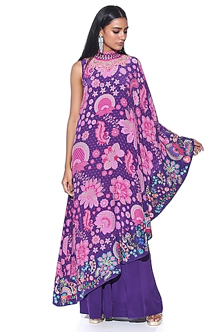 Violet Crepe Paisley Printed One-Shoulder Cape Dress With Jumpsuit by SIDDHARTHA BANSAL
