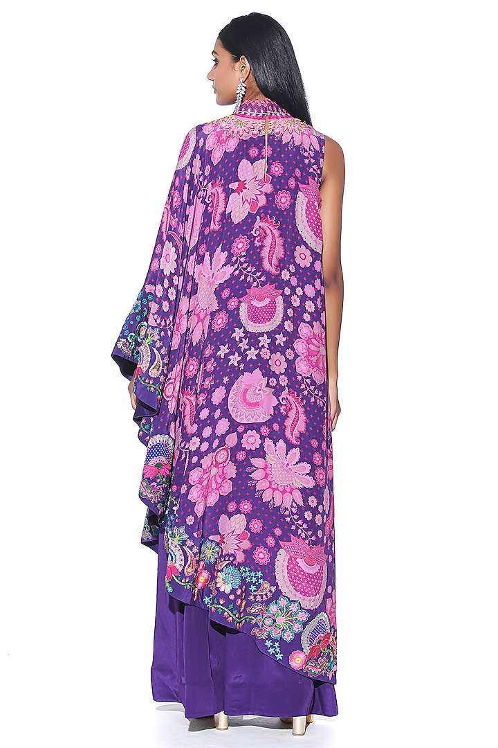 Violet Crepe Paisley Printed One-Shoulder Cape Dress With Jumpsuit by SIDDHARTHA BANSAL at Pernia's Pop Up Shop