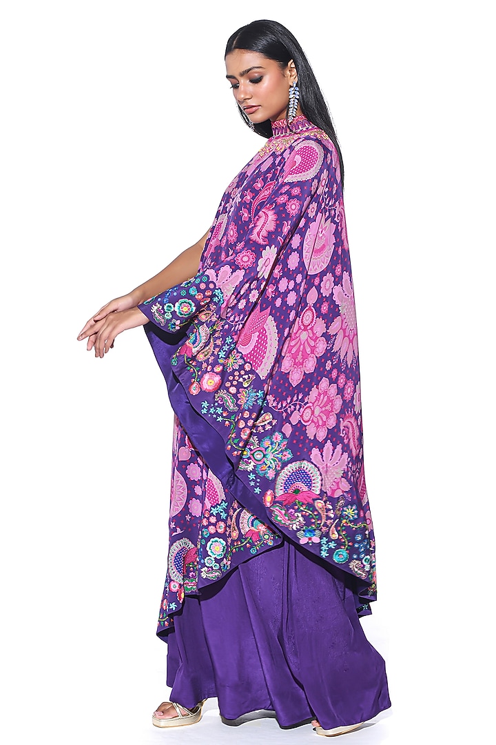 Violet Crepe Paisley Printed One-Shoulder Cape Dress With Jumpsuit by SIDDHARTHA BANSAL at Pernia's Pop Up Shop