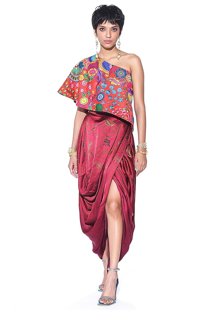 Maroon Satin Paisley Printed Draped Skirt Set by SIDDHARTHA BANSAL at Pernia's Pop Up Shop