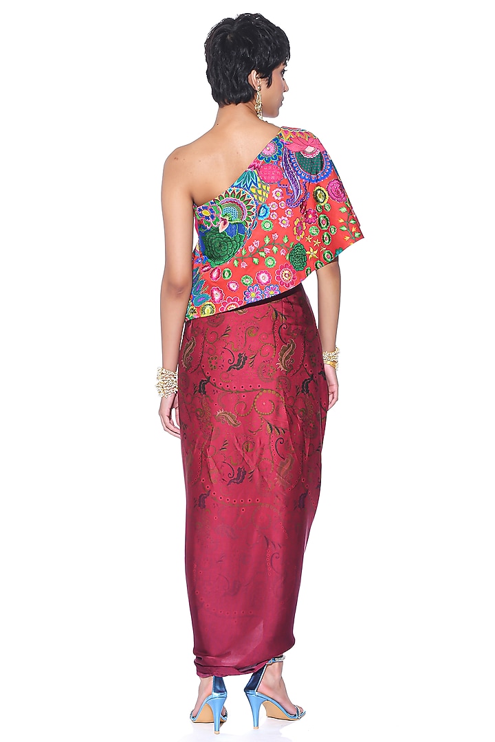 Maroon Satin Paisley Printed Draped Skirt Set by SIDDHARTHA BANSAL at Pernia's Pop Up Shop