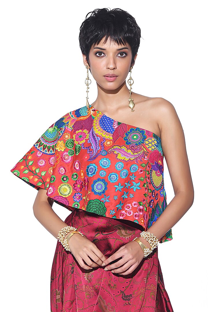 Maroon Satin Paisley Printed Draped Skirt Set by SIDDHARTHA BANSAL at Pernia's Pop Up Shop