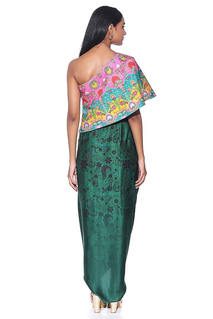 Bottle Green Satin Paisley Printed Draped Skirt Set by SIDDHARTHA BANSAL at Pernia's Pop Up Shop