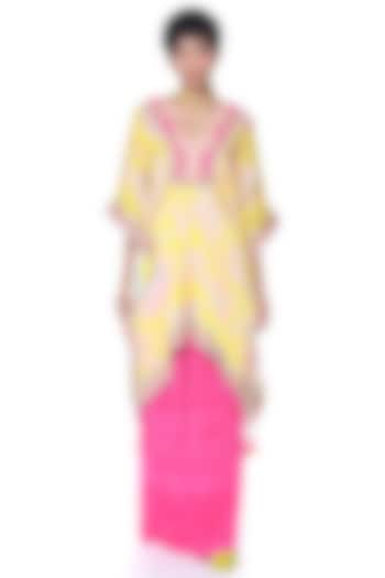 Bright Yellow Satin Paisley Printed & Hand Embroidered Kaftan Set by SIDDHARTHA BANSAL at Pernia's Pop Up Shop