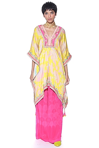 Bright Yellow Satin Paisley Printed & Hand Embroidered Kaftan Set by SIDDHARTHA BANSAL