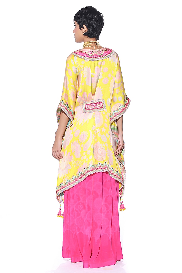 Bright Yellow Satin Paisley Printed & Hand Embroidered Kaftan Set by SIDDHARTHA BANSAL at Pernia's Pop Up Shop