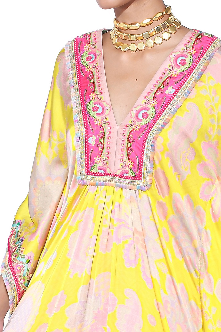 Bright Yellow Satin Paisley Printed & Hand Embroidered Kaftan Set by SIDDHARTHA BANSAL at Pernia's Pop Up Shop