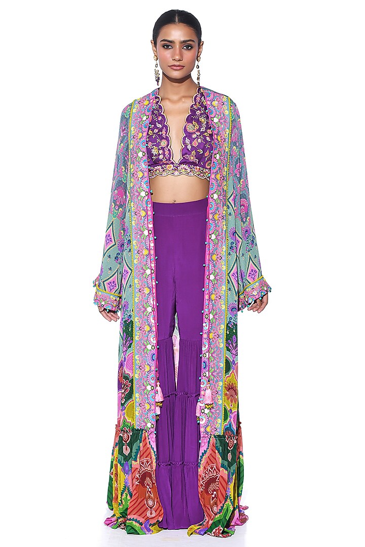 Purple Crepe Tiered Wedding Sharara Set by SIDDHARTHA BANSAL at Pernia's Pop Up Shop