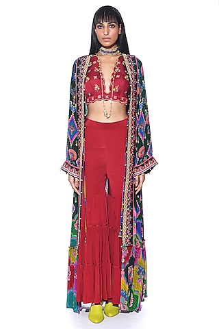 Crimson Crepe Tiered Sharara Set by SIDDHARTHA BANSAL