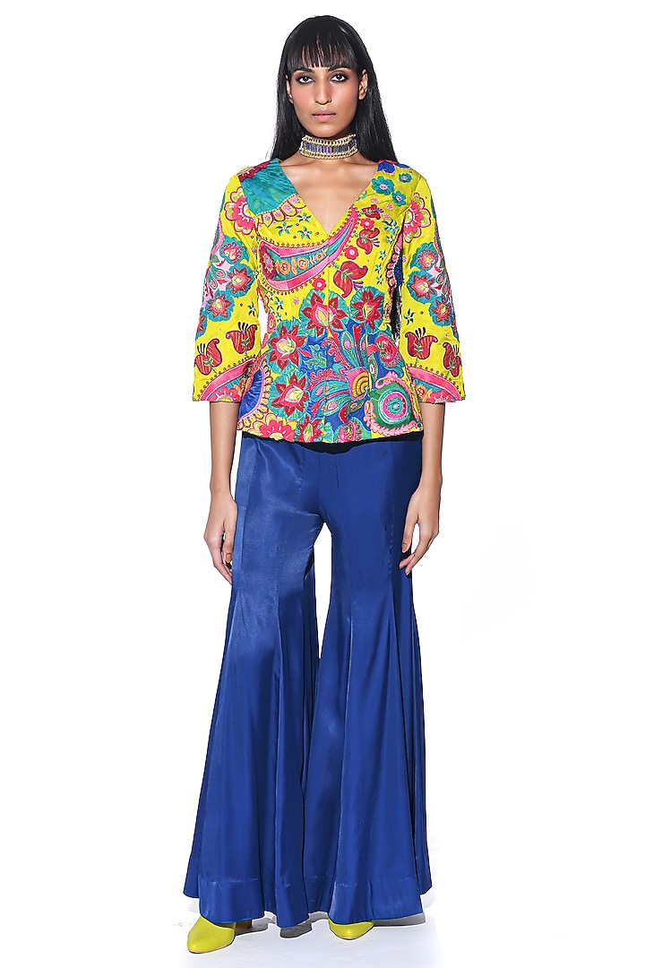 Blue Boski Satin Wedding Sharara Set by SIDDHARTHA BANSAL at Pernia's Pop Up Shop