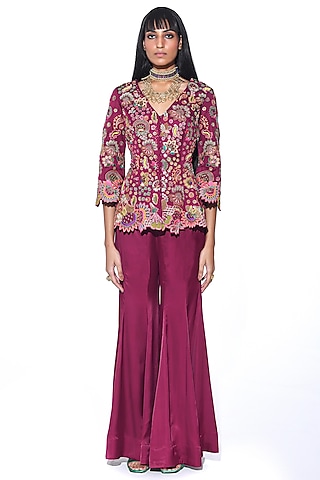 Crimson Boski Satin Sharara Set by SIDDHARTHA BANSAL