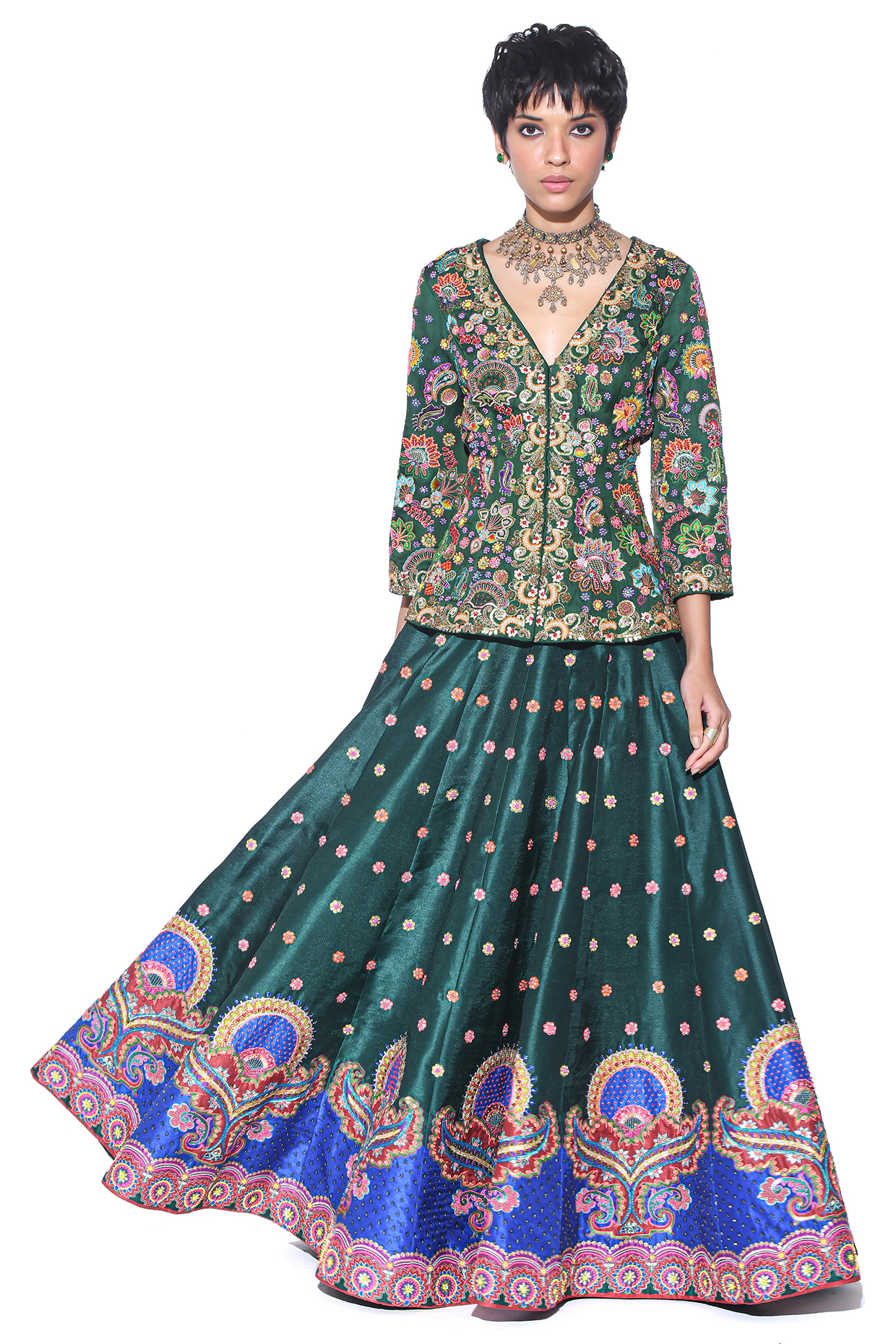 Bottle Green Dupion Hand Embroidered Bridal Lehenga Set by SIDDHARTHA BANSAL at Pernia's Pop Up Shop