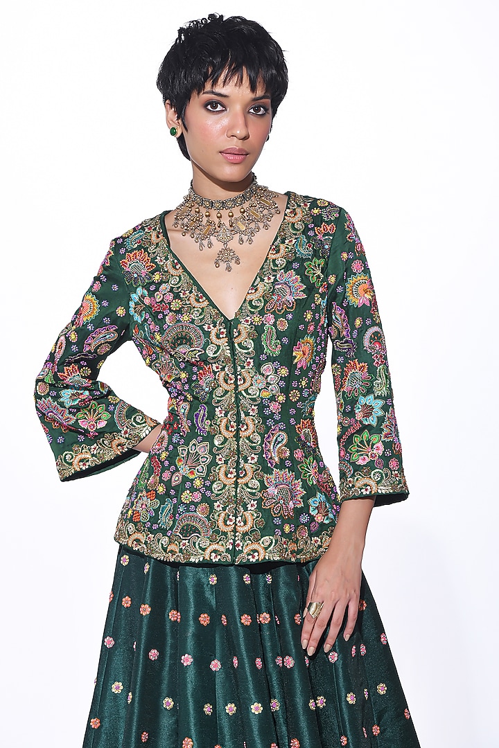 Bottle Green Dupion Hand Embroidered Bridal Lehenga Set by SIDDHARTHA BANSAL at Pernia's Pop Up Shop