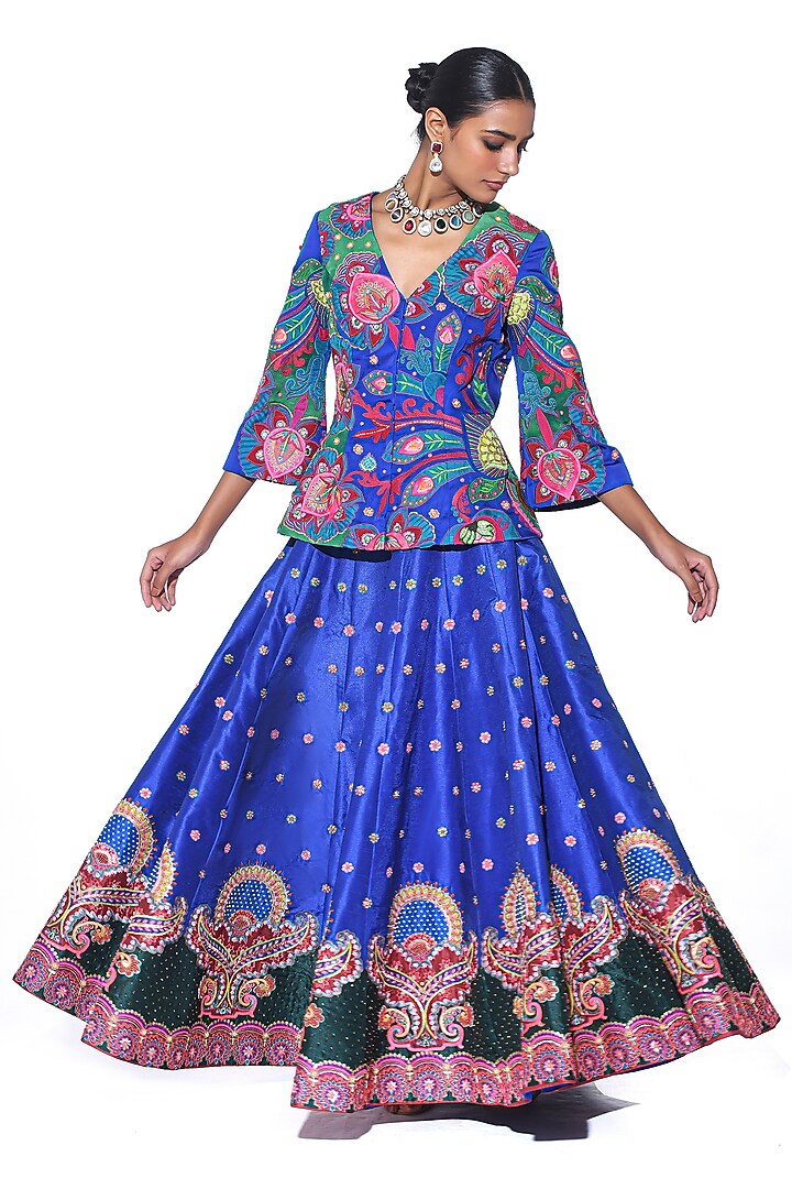 Electric Blue Dupion Hand Embroidered Bridal Lehenga Set by SIDDHARTHA BANSAL at Pernia's Pop Up Shop