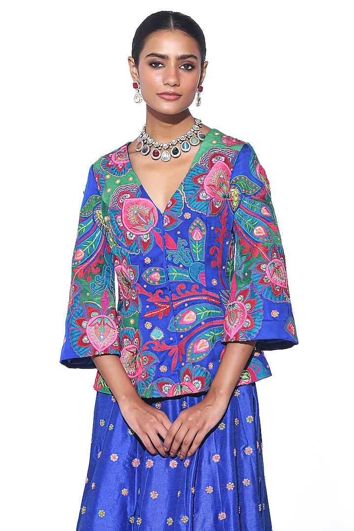 Electric Blue Dupion Hand Embroidered Bridal Lehenga Set by SIDDHARTHA BANSAL at Pernia's Pop Up Shop