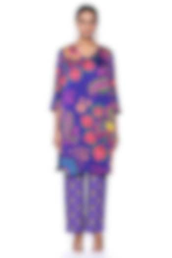 Twilight Blue Organza Satin Paisley Printed Kurta Set by SIDDHARTHA BANSAL at Pernia's Pop Up Shop